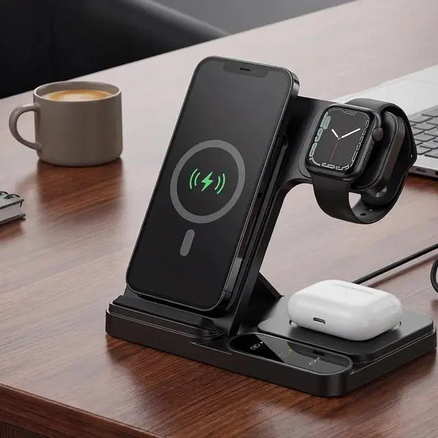 Main image of 3 in 1 Fast Magnetic Wireless Charging Station for iPhone 16 15 iWatch AirPods Mag-Safe Charger Stand Wireless Charger for iPhone AirPods & iWatch USA 3 in 1 Wireless Charger