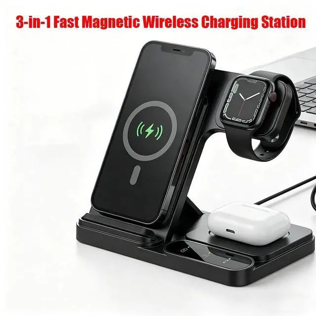 Alt view image 5 of 7 - 3 in 1 Fast Magnetic Wireless Charging Station for iPhone 16 15 iWatch AirPods Mag-Safe Charger Stand Wireless Charger for iPhone AirPods & iWatch USA 3 in 1 Wireless Charger
