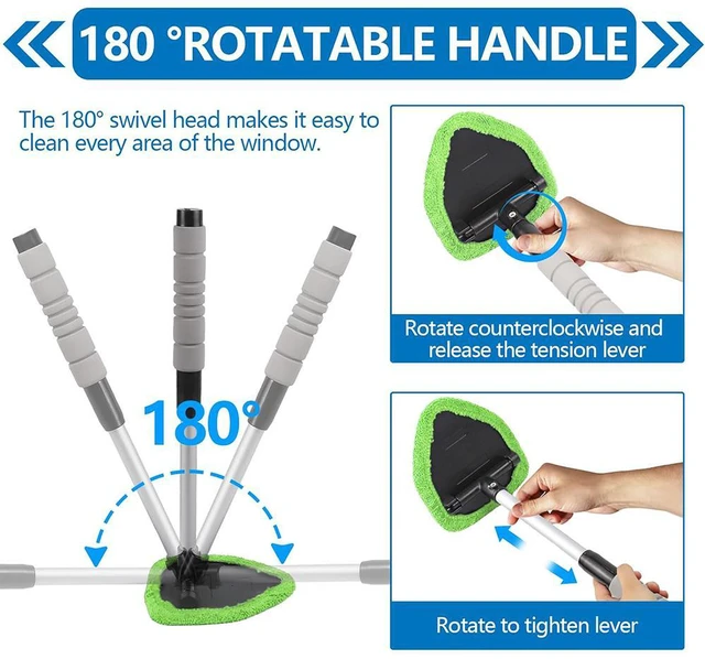 Alt view image 4 of 6 - Car Windshield Cleaning Tool, Car Windshield Window Cleaner, Car Window Detailing Cleaning Kit, Extendable Handle and 4 Upgraded Reusable Microfiber Pads, Glass Wiper Brush Kit for Car&Home Green