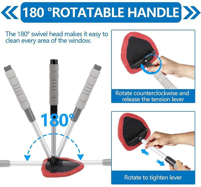 Alt view image 4 of 6 - Car Windshield Cleaning Tool, Car Windshield Window Cleaner, Car Window Detailing Cleaning Kit, Extendable Handle and 4 Upgraded Reusable Microfiber Pads, Glass Wiper Brush Kit for Car&Home Red