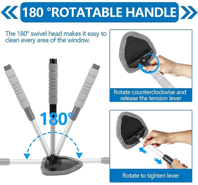 Alt view image 3 of 6 - Car Windshield Cleaning Tool, Car Windshield Window Cleaner, Car Window Detailing Cleaning Kit, Extendable Handle and 4 Upgraded Reusable Microfiber Pads, Glass Wiper Brush Kit for Car&Home Gray
