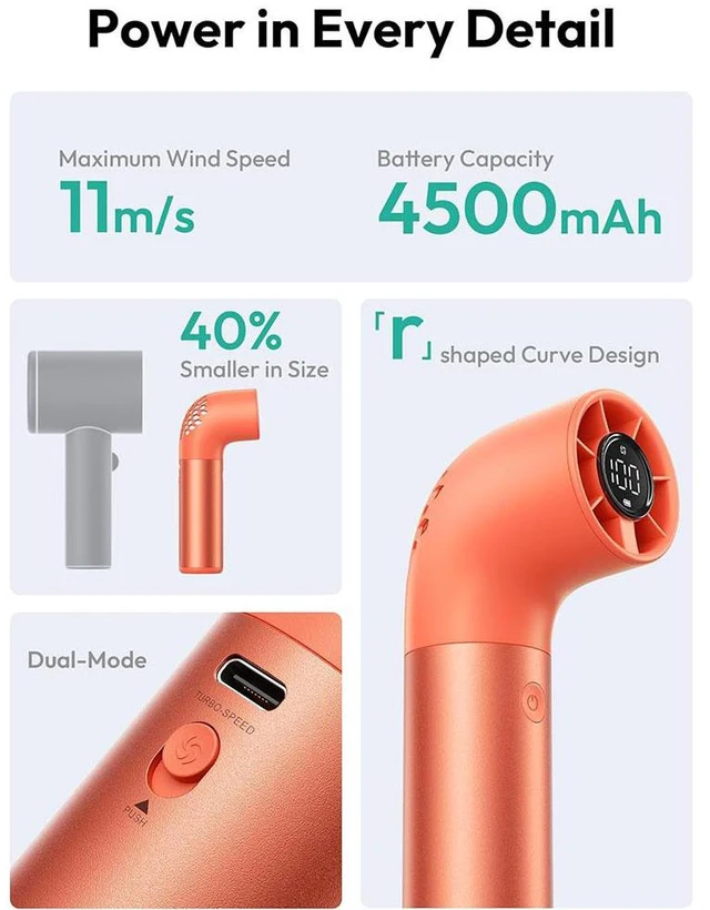 Alt view image 4 of 7 - Portable Handheld Fan, Powerful Turbo Mini Fan, 19000 RPM High Speed Aero Ultra, 15H Max Cooling Time, 7 Speeds Aluminum Case, Pocket Rechargeable Personal Small Travel GIfts Orange