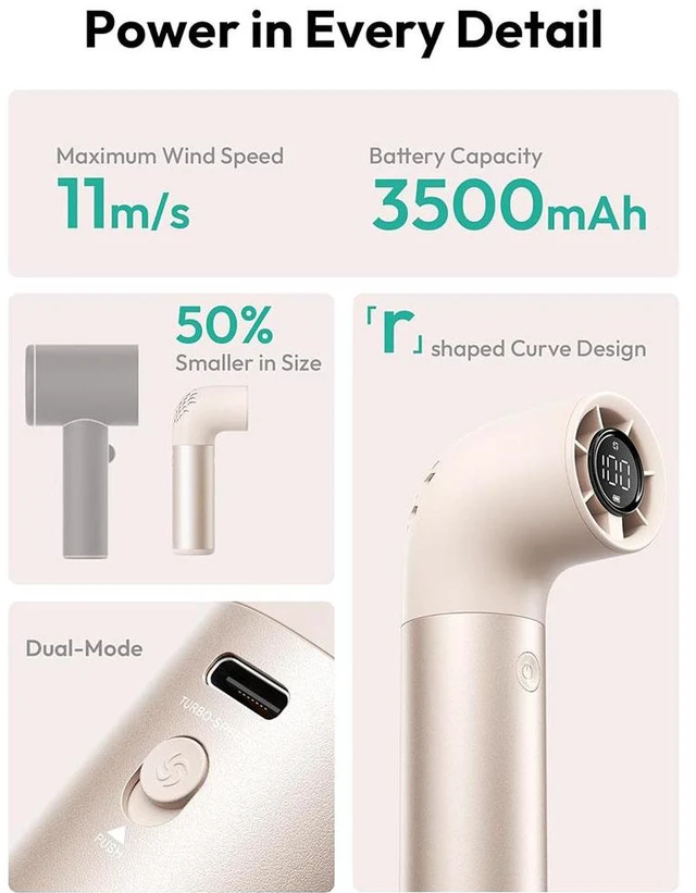 Alt view image 5 of 7 - Portable Handheld Fan, Powerful Turbo Air Tube Fan, 19000 RPM High Speed Aero Pro, 15H Max Cooling Time, 6 Speeds Aluminum Case, Mini Pocket Design, for Travel Beach Outdoor Activities Gold