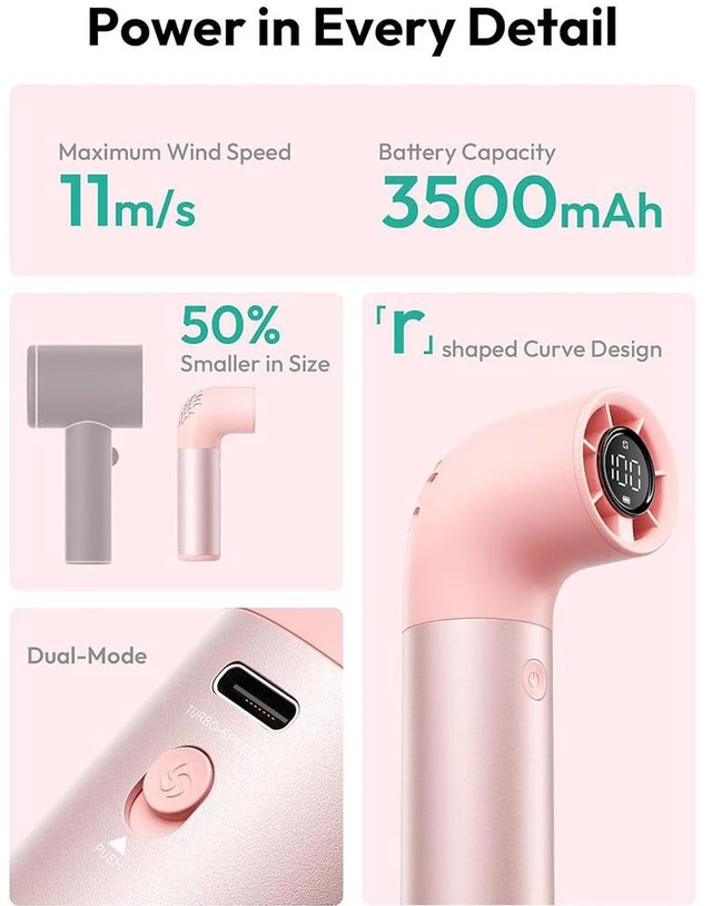 Alt view image 5 of 7 - Portable Handheld Fan, Powerful Turbo Air Tube Fan, 19000 RPM High Speed Aero Pro, 15H Max Cooling Time, 6 Speeds Aluminum Case, Mini Pocket Design, for Travel Beach Outdoor Activities pink