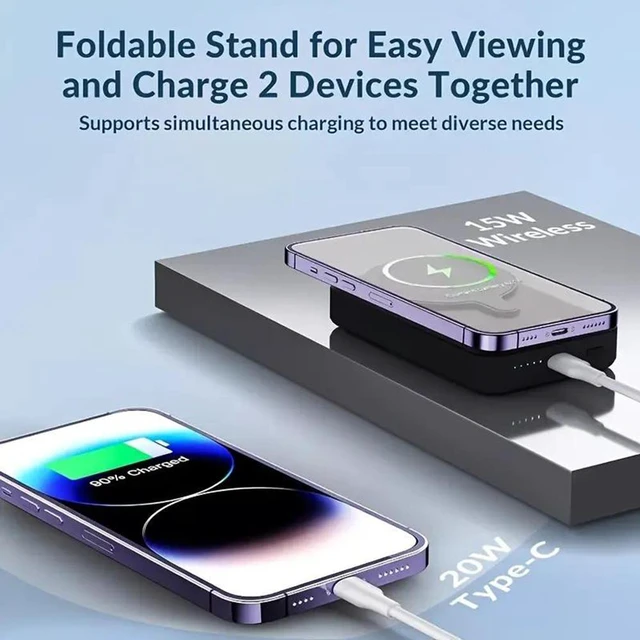 Alt view image 3 of 6 - Idealforce 5000mAh MagSafe Foldable Magnetic Power Bank for iPhone 17/16/15/14 Pro Max - Wireless Portable Charger Battery Pack, Fast Charging External Cell Phone Accessory, Black Purple