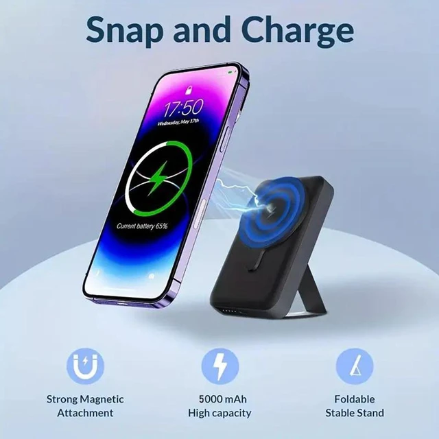 Alt view image 2 of 6 - Idealforce 5000mAh MagSafe Foldable Magnetic Power Bank for iPhone 17/16/15/14 Pro Max - Wireless Portable Charger Battery Pack, Fast Charging External Cell Phone Accessory, Black Purple