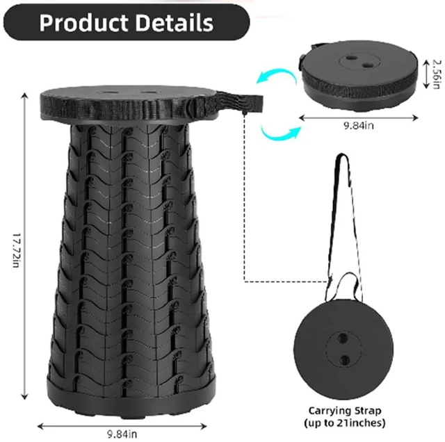 Alt view image 2 of 7 - Idealforce Upgraded Collapsible Stool, 400lbs Max Weight, Lightweight But Sturdy, Portable Retractable Folding Telescoping Foldable Camping Stool for Adults Outdoor Fishing Hiking Travel BBQ Black