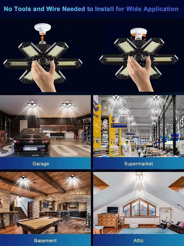 Alt view image 3 of 6 - Idealforce 100W Garage Light 2Pack, 10000LM 6500K LED Shop Lights, Garage Lights Ceiling Led with 6+1 Deformable Panels, Screw in E26/E27 Socket Bulb for Warehouse, Workshop, Basement, Barn Lighting