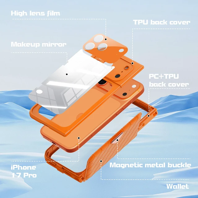 Alt view image 2 of 7 - Redpepper IP68 Waterproof Case, iPhone 17 Full Body Rugged Shockproof Cover with Built-in Screen Protector, Magnetic Card Slot & Makeup Mirror Wallet Phone Case Iphone 17 Pro Orange