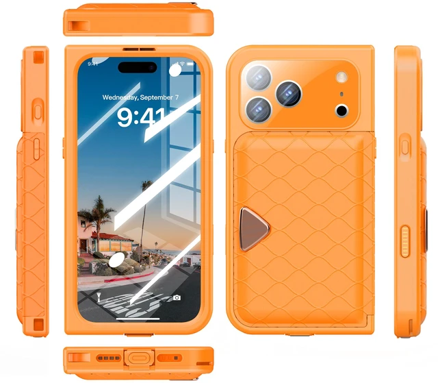 Main image of Redpepper IP68 Waterproof Case, iPhone 17 Full Body Rugged Shockproof Cover with Built-in Screen Protector, Magnetic Card Slot & Makeup Mirror Wallet Phone Case Iphone 17 Pro Max Orange