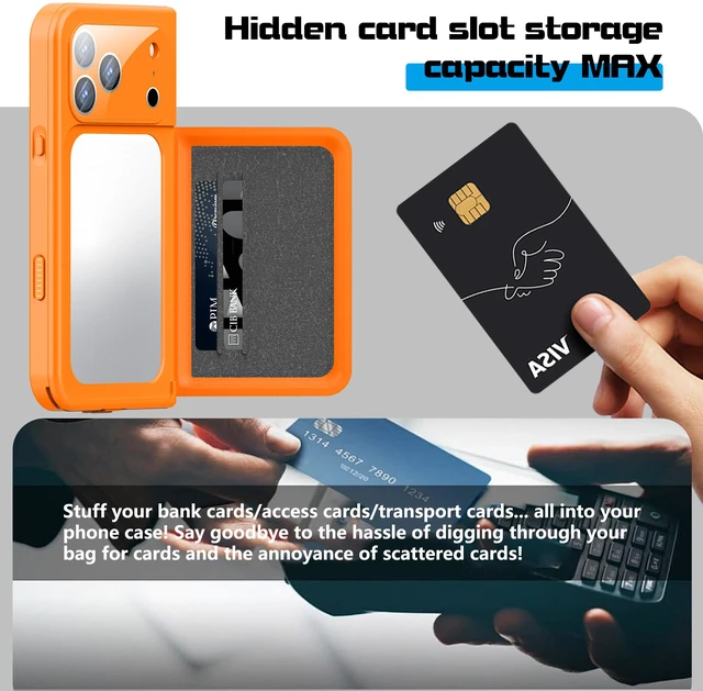 Alt view image 4 of 7 - Redpepper IP68 Waterproof Case, iPhone 17 Full Body Rugged Shockproof Cover with Built-in Screen Protector, Magnetic Card Slot & Makeup Mirror Wallet Phone Case Iphone 17 Pro Max Orange