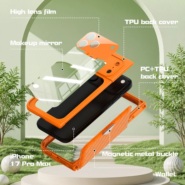 Alt view image 2 of 7 - Redpepper IP68 Waterproof Case, iPhone 17 Full Body Rugged Shockproof Cover with Built-in Screen Protector, Magnetic Card Slot & Makeup Mirror Wallet Phone Case Iphone 17 Pro Max Orange