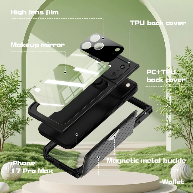 Alt view image 2 of 7 - Redpepper IP68 Waterproof Case, iPhone 17 Full Body Rugged Shockproof Cover with Built-in Screen Protector, Magnetic Card Slot & Makeup Mirror Wallet Phone Case Iphone 17 Pro Max Black