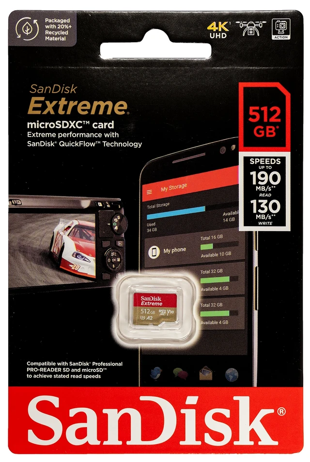 Alt view image 2 of 5 - SanDisk 512GB MicroSDXC Extreme Memory Card 2-Pack, Compatible with GoPro Max 2, HERO13 Black, Ultra Wide (SDSQXAV-512G-GN6MN), V30 U3 A2, Bundle with (1) Everything But Stromboli Reader