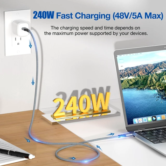 Alt view image 2 of 5 - USB C Cable 15 ft 2Pack, 240W USB C to USB C 3.2 Gen 2 Cable 4K Video