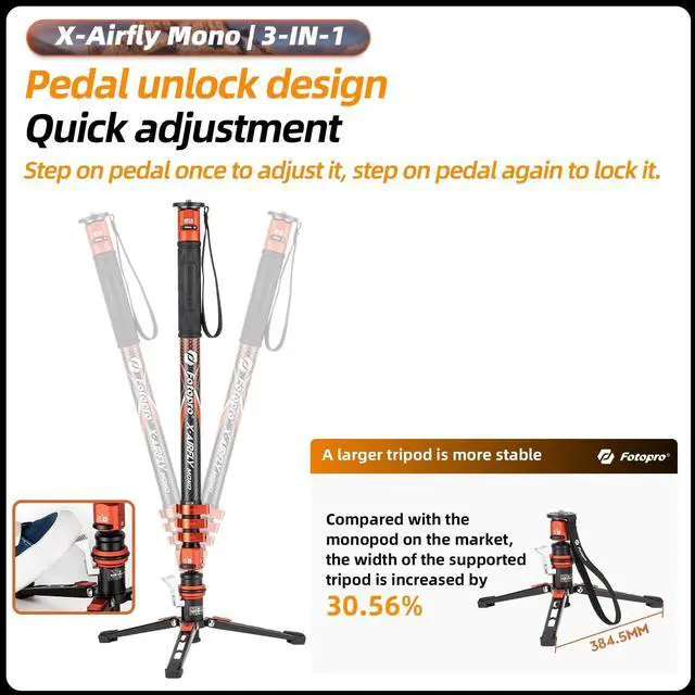 Alt view image 2 of 4 - Fotopro Professional Camera Monopod with Feet, 73.4" Carbon Fiber Portable Travel Monopod with Removable Tripod Stand Base, Quick Release for Travel Sports Wildlife Photo, 22 lbs Load, X-Airfly Mono