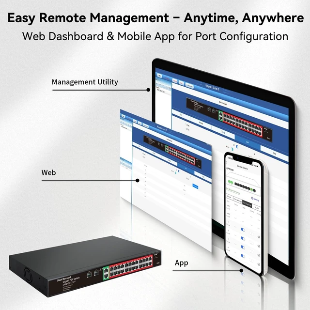 Alt view image 4 of 5 - STEAMEMO 24-Port Managed Gigabit PoE+ Switch ^^ 24PoE+ Ports@360W, 2Gigabit Uplinks, 2SFP ^^ VLAN, QoS, Port Mirroring ^^ Metal Casing, Plug & Play ^^ Overload Cutoff w/ Port