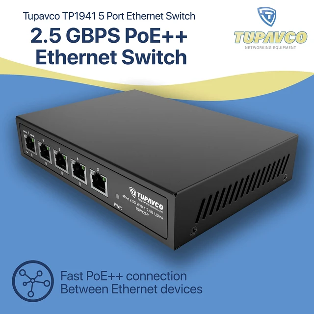 Alt view image 2 of 5 - 2.5GB Switch (5 Port) PoE++ for Ethernet Network - 1x90W (802.3bt) 4x30W (802.3at) Ports - High Speed 10M/100M/1G/2.5G Gigabit (802.3bz) - Unmanaged LAN Splitter with UPLINK Port - Tupavco TP1941
