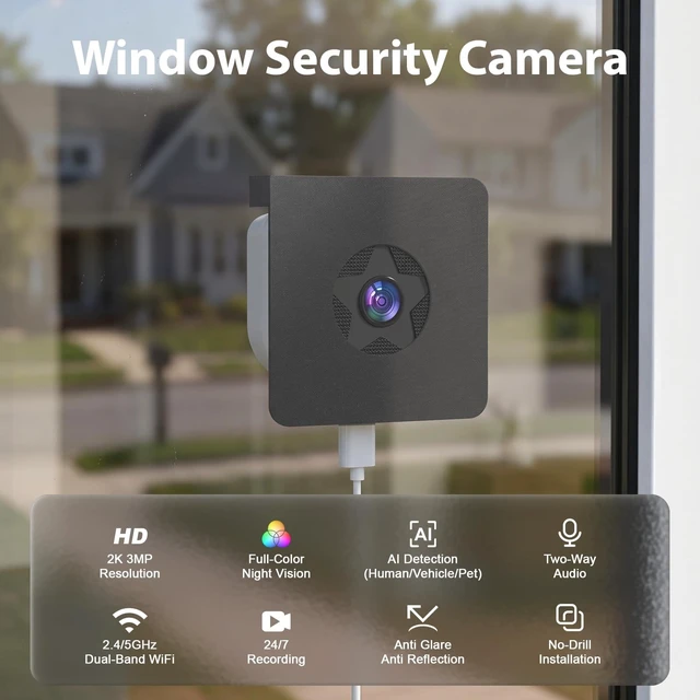 Alt view image 2 of 5 - Noahlink 3MP 2K Window Camera, 2.4/5GHz WiFi Indoor Window Cameras for Home Security, Full-Color Night Vision, AI Human/Vehicle/Pet Detection, Two-Way Audio, 24/7 Recording, Works with Alexa (1 Pack)