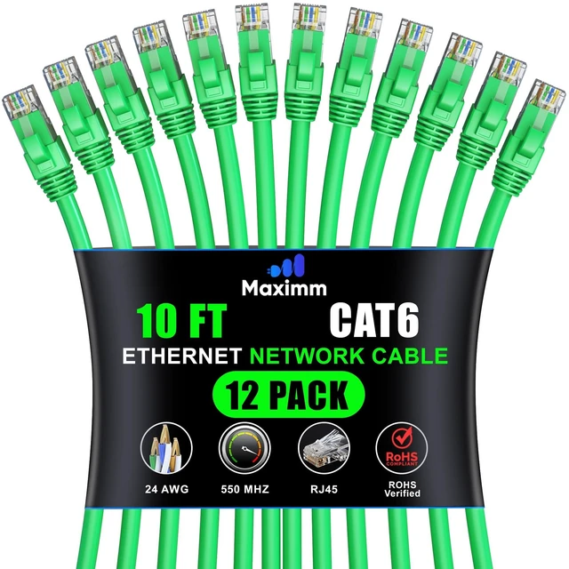 Main image of Maximm Cat6 Ethernet Cable 10 Ft, 10 Gbps 550 MHz, Green, 12 Pack
