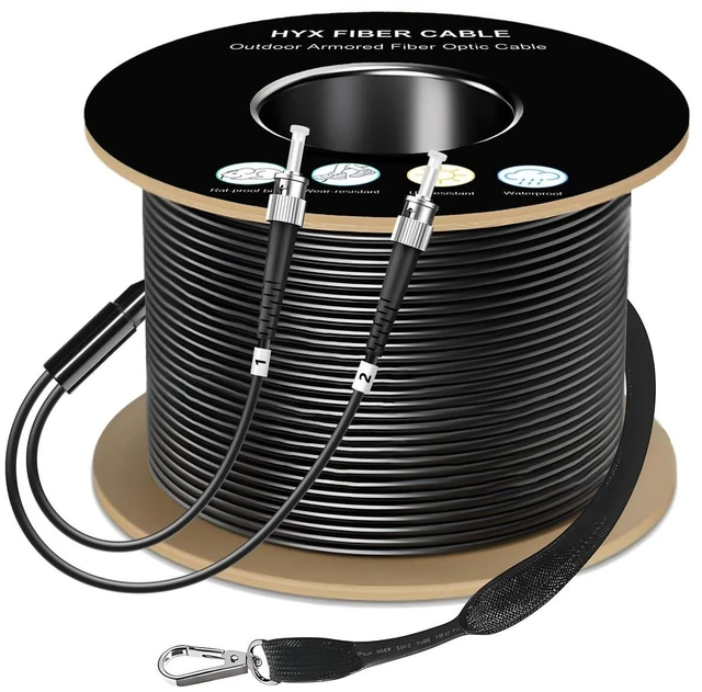 Main image of HYX FIBER CABLE-ST to ST Single Mode Fiber Patch Cable,500ft/150m,ST-ST Outdoor Armored Fiber Optic Cable,Duplex Industrial TPU,Direct Burial 9/125um Optical Jumper with Pulling Eye Kit, OD-5mm,Black