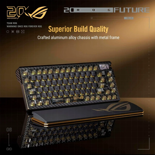 Alt view image 2 of 5 - ASUS ROG 20th Edition Azoth Extreme Wireless Mechanical Gaming Keyboard 75% TKL, ROG NX Snow V2 Linear Switch, Aluminum Chassis, Carbon Fiber, Color OLED Screen, 24K Gold-Plated