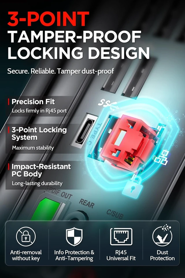 Alt view image 3 of 5 - AMPCOM RJ45 Port Lock 100-Pack 3-Point Tamper-Proof Blocker w/ 2 Keys Red
