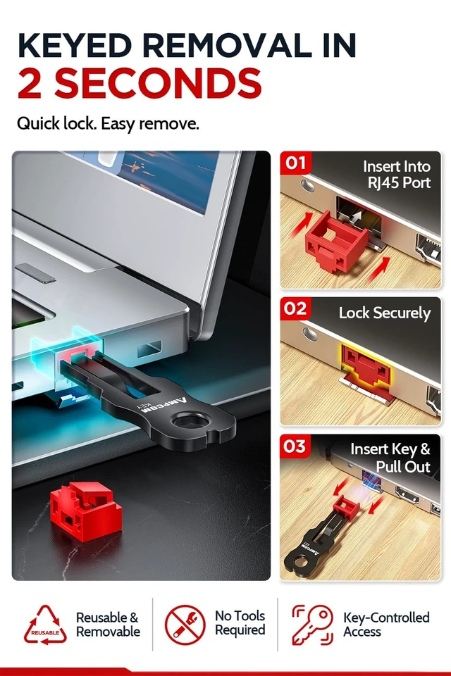 Alt view image 4 of 5 - AMPCOM RJ45 Port Lock 100-Pack 3-Point Tamper-Proof Blocker w/ 2 Keys Red