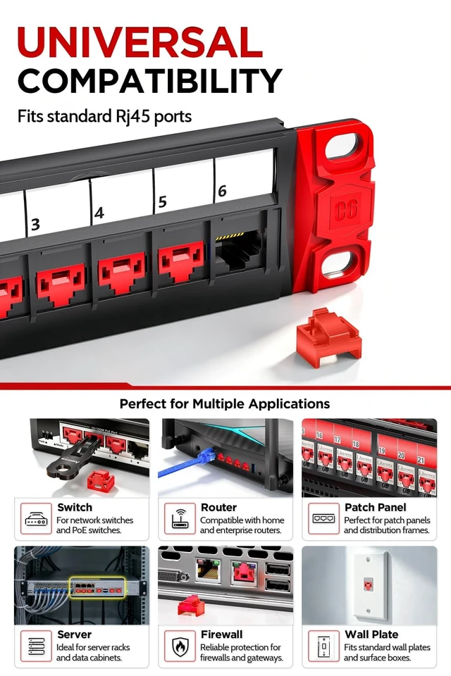 Alt view image 5 of 5 - AMPCOM RJ45 Port Lock 100-Pack 3-Point Tamper-Proof Blocker w/ 2 Keys Red