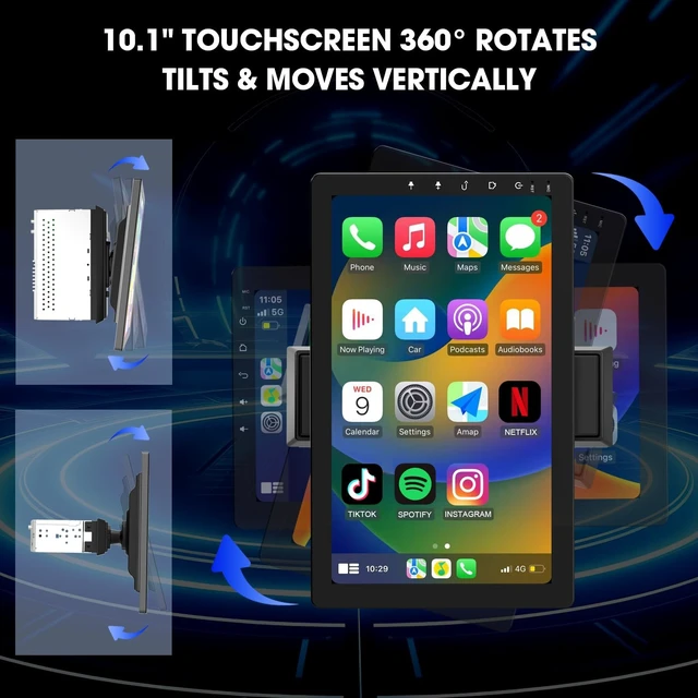Alt view image 3 of 5 - Haudio 360 Rotable Car Radio, 10.1 Inch IPS Screen Car Play with Wireless Carplay & Android Auto, 1 Din Bluetooth Stereo with 140 Rear Camera, GPS, Mirror Link, Voice Control RDS/FM/AM Radio(2+
