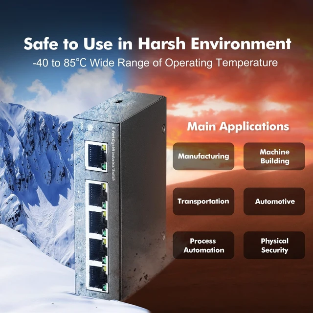 Alt view image 5 of 5 - MokerLink 5 Port Gigabit Industrial DIN-Rail Ethernet Switch, Mini Size, Type-C Powered, Fanless LAN Splitter Hub, Unmanaged IP40 Network Switch (-40 to 185F), 10Gbps Capacity