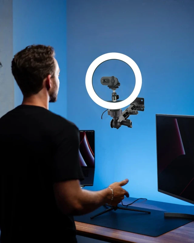 Alt view image 2 of 5 - AceTaken Webcam Wall-Holder with Streaming Light, 10'' Ring Light Wall Mount Bracket for Logitech Brio-101 100,Brio 301 300,Brio 501 500,C270,C310,C920x,C922x,MX Brio 4K Webcams