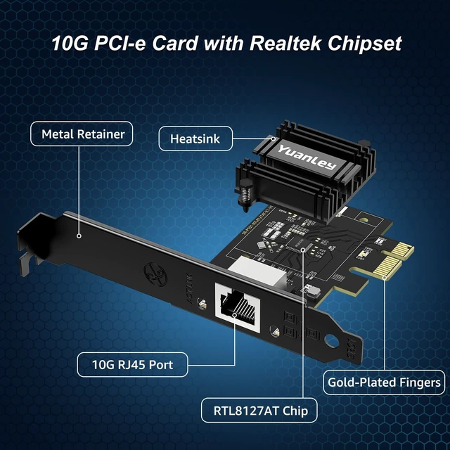 Alt view image 3 of 5 - 10G PCIe Network Card, YuanLey 10G Base-T Ethernet Card with Realtek RTL8127AT Conrtoller, PCIE to 10Gb RJ45 Ethernet Adapter NIC Compatible with PCI Express X1,X4,X8,X16, Support WOL