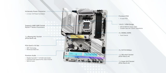 Alt view image 3 of 5 - ASRock X870 Pro RS WiFi AMD Ryzen Socket AM5 ATX Motherboard USB4 DDR5 8000 MHz 256 GB SATA3 6.0 Gb/s