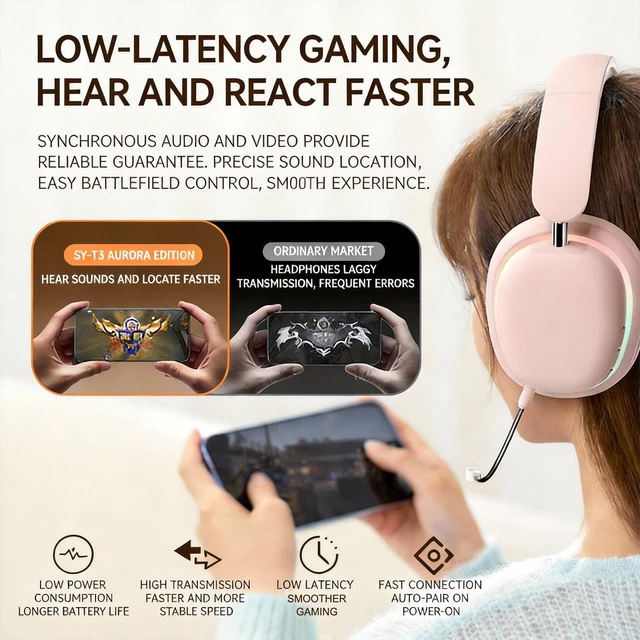 Alt view image 3 of 5 - FJHBL Over-Ear Wireless Bluetooth Headphones with 5.3 Chip, 20H Playtime, 40mm Drivers, Foldable & Lightweight Design, RGB Lighting, Dual Mic for Clear Calls, Compatible with PC/Phone, SY-T3 Pi