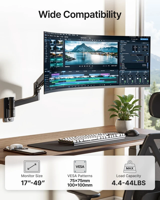 Alt view image 2 of 5 - PEGZONE Single Monitor Wall Mount for 17-49 Inch Curved Ultrawide Screens