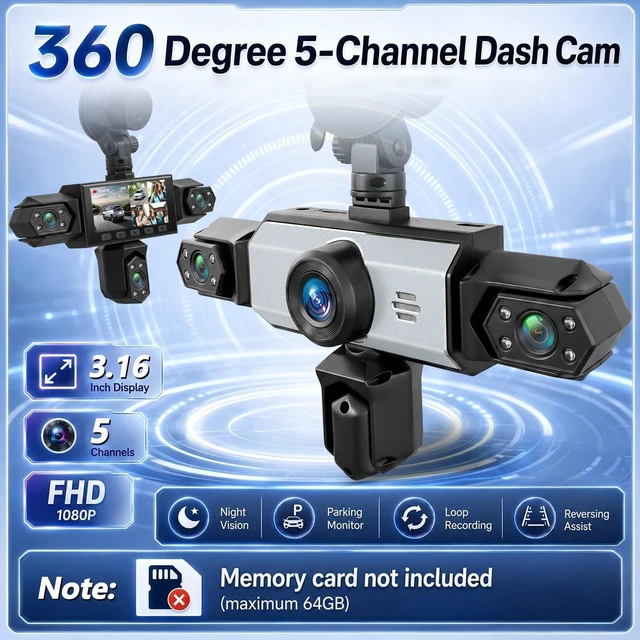 Alt view image 2 of 5 - 5 Channel Dash Cam 360View, Volxcereo 1080P Dash Camera for Cars