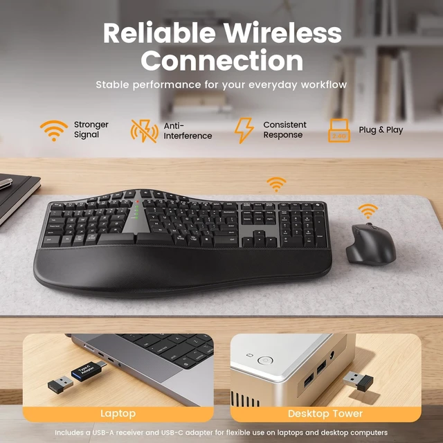 Alt view image 3 of 5 - SABLUTE Ergonomic Wireless Keyboard and Mouse, Rechargeable, Split, Win/Mac