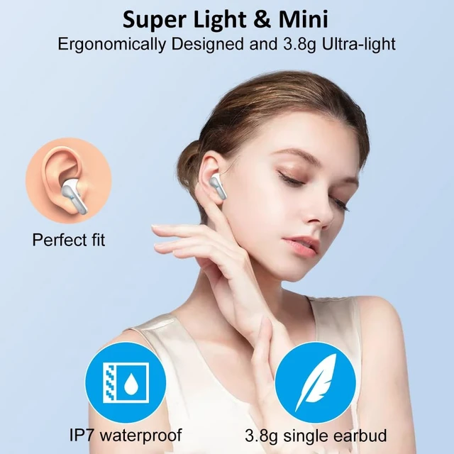 Alt view image 5 of 5 - Wireless Earbud Bluetooth 5.4 Headphones, Hi-Fi Stereo Ear Buds with 4 ENC Cancelling Mics, 40H in-Ear Earphones IP7 Waterproof Sports, LED Display, Mini Headset for Laptop Pad TV Android/iOS,