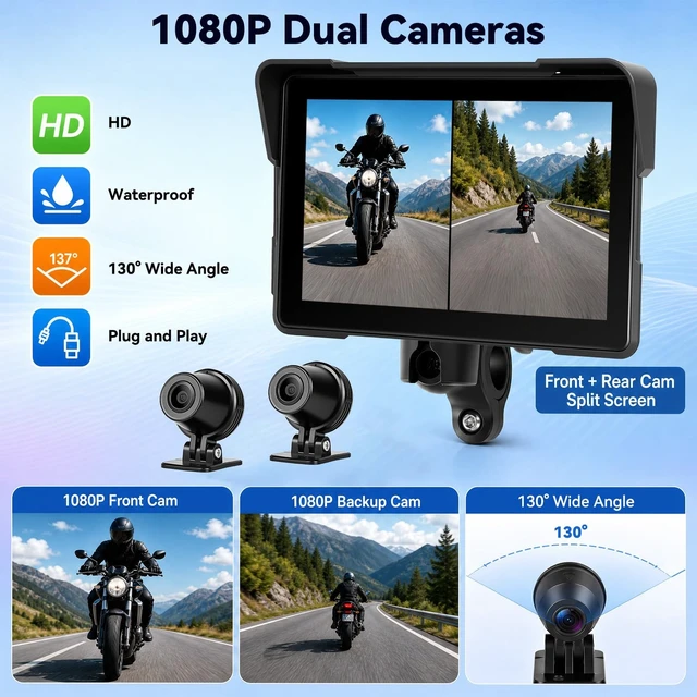 Alt view image 2 of 5 - Motorcycle Dual Dash Cam with Wireless CarPlay and Android Auto