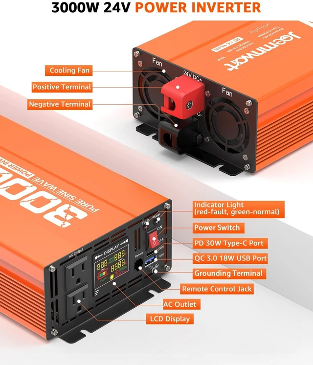 Alt view image 2 of 5 - Joemnwart 3000W Pure Sine Wave Power Inverter 12V DC to 110V AC Converter, LED Display,Remote Control, Car Inverter with 2AC Outlets,Fast Charging USB Port for RV,Truck,Home