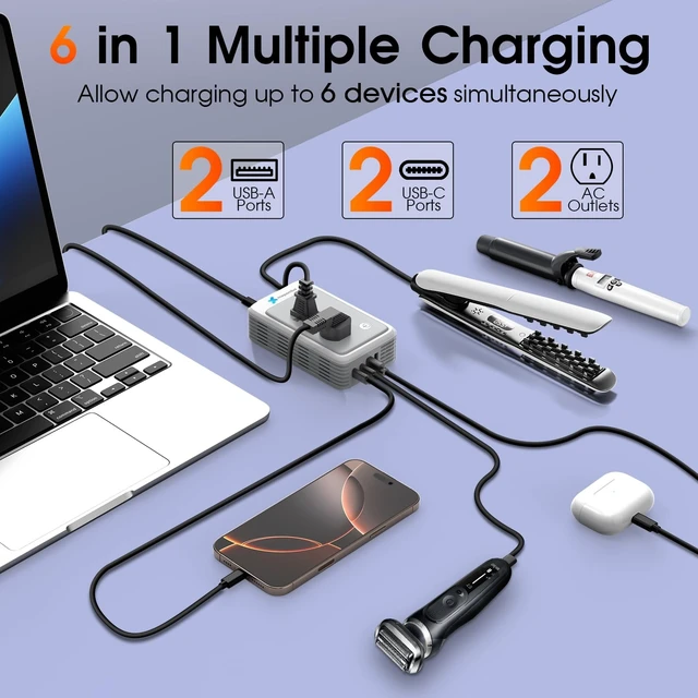 Alt view image 3 of 5 - Mapambo 220V to 110V Voltage Converter US to Europe for Curling Iron and Hair Straighteners, Power Converter for European Travel Plug Adapter with 2 USB A & 2 USB C PortsGrey