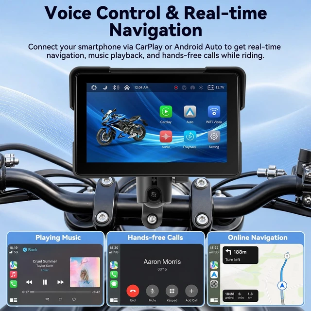 Alt view image 3 of 5 - Motorcycle Dual Dash Cam with Wireless CarPlay and Android Auto