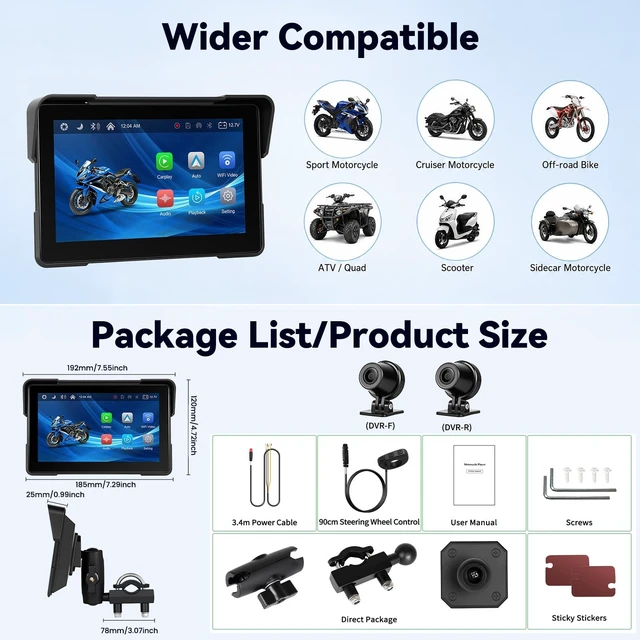 Alt view image 5 of 5 - Motorcycle Dual Dash Cam with Wireless CarPlay and Android Auto