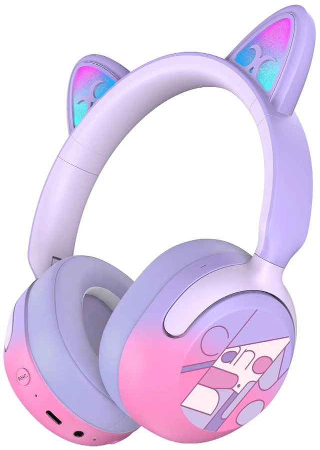 Main image of Candy Bila Kids Bluetooth Headphones with LED Cat Ears, 85dB Limit, Purple