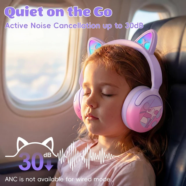 Alt view image 2 of 5 - Candy Bila Kids Bluetooth Headphones with LED Cat Ears, 85dB Limit, Purple