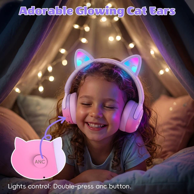 Alt view image 3 of 5 - Candy Bila Kids Bluetooth Headphones with LED Cat Ears, 85dB Limit, Purple