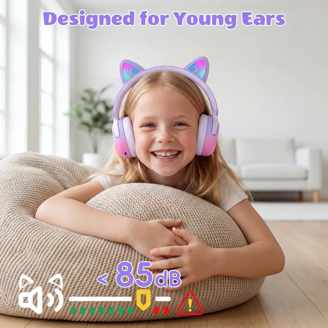 Alt view image 5 of 5 - Candy Bila Kids Bluetooth Headphones with LED Cat Ears, 85dB Limit, Purple