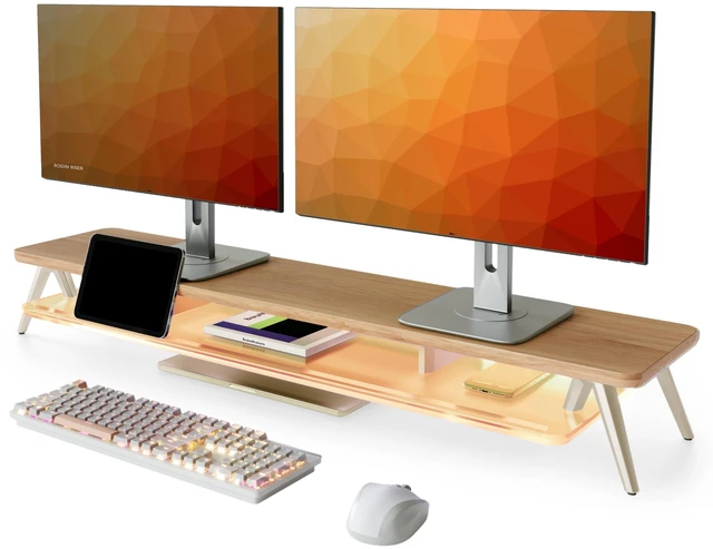 Main image of Fenge Dual Monitor Stand Riser with Phone & Tablet Slot, Dark Oak