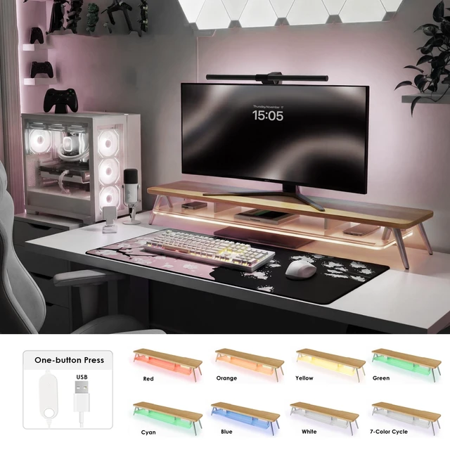 Alt view image 5 of 5 - Fenge Dual Monitor Stand Riser with Phone & Tablet Slot, Dark Oak